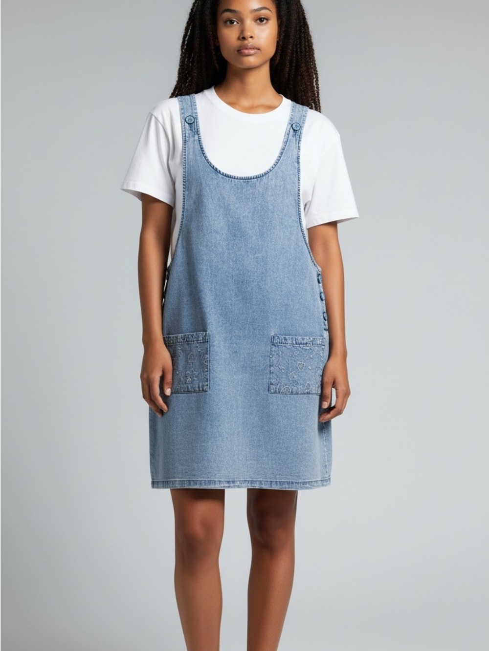 MARIE CLAIRE Faded Blue Denim Pinafore Tunic Dress size small